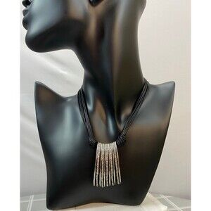 Multi Strand Black Leather Type Cord Silver Tone & Crystals Pendant Necklace